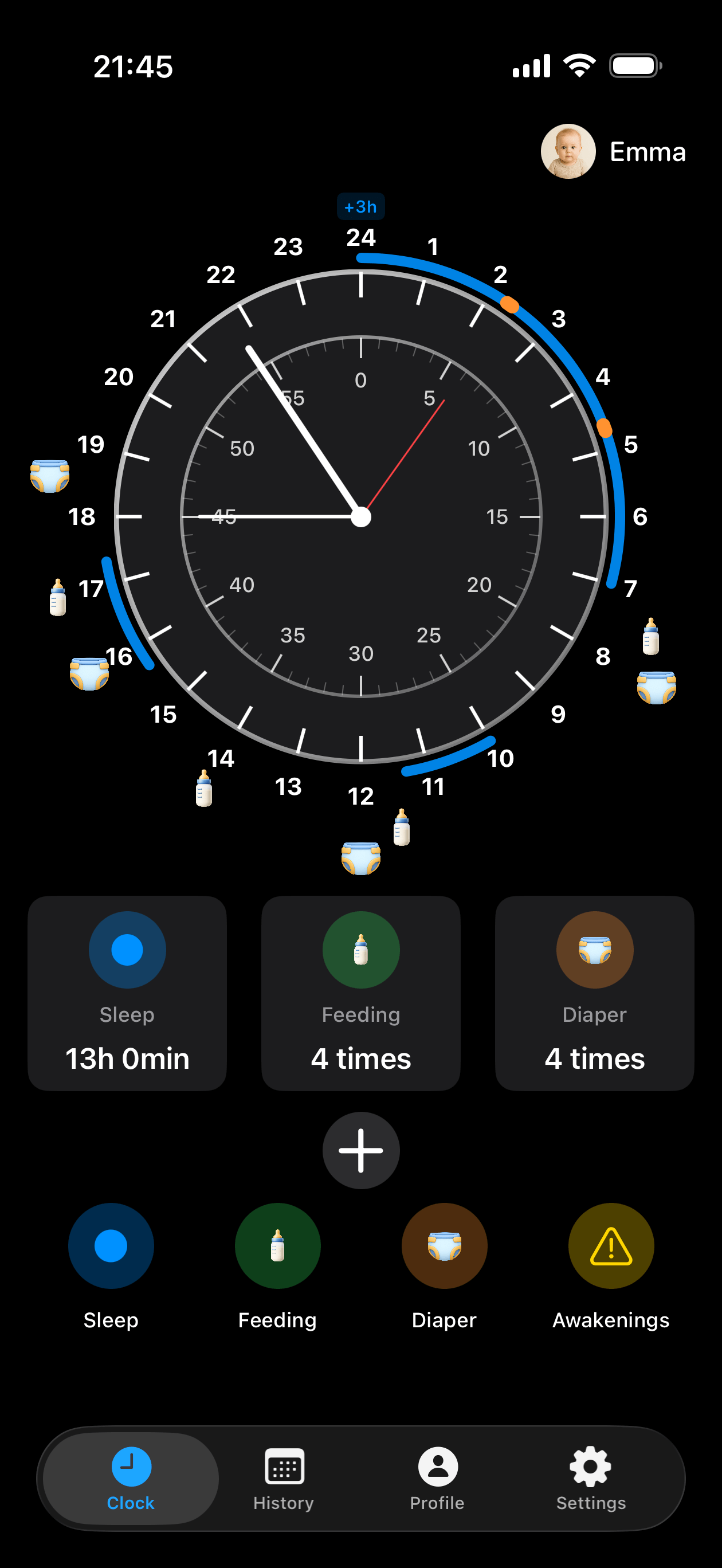 BabyOK app dashboard showing 24-hour timeline with feeding, sleep, and diaper tracking on iPhone